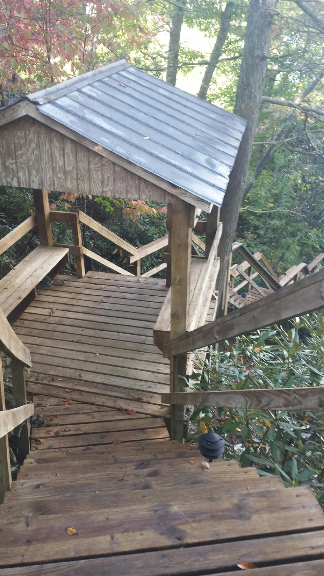 Metal roofed shelter over wooden steps on a wooded walkway — Skylight Repair & Installation work by our crew in Barnesville